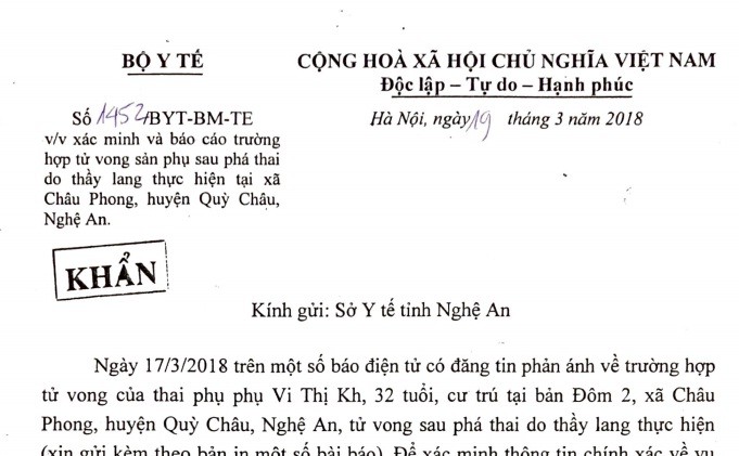 Vụ thai phụ tử vong sau phá thai do thầy lang: Bộ Y tế gửi công văn khẩn