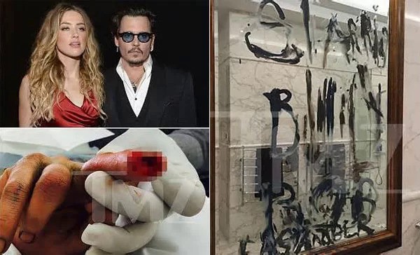 Amber từng cung cấp bức ảnh Johnny Depp bị cắt lìa ngón tay vào năm 2015 nhưng khẳng định đó là do anh đã tự ném điện thoại gây thương tích. Johnny sau đó dùng máu và dầu viết đầy chữ lên tường.