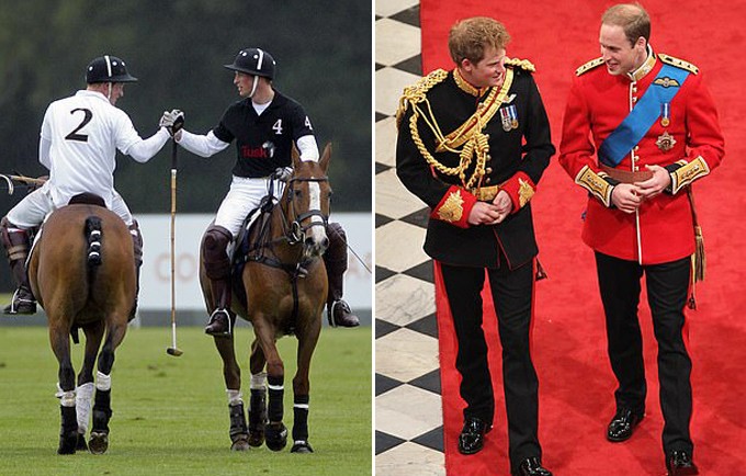 Ảnh trái: Tuy là đối thủ trong một trận polo tại Ascot năm 2011 nhưng cuối trận Harry và William vẫn bắt tay nhau trên tinh thần anh em. Ảnh phải: Harry chung vui với anh trai trong ngày cưới của William với Kate năm 2011.