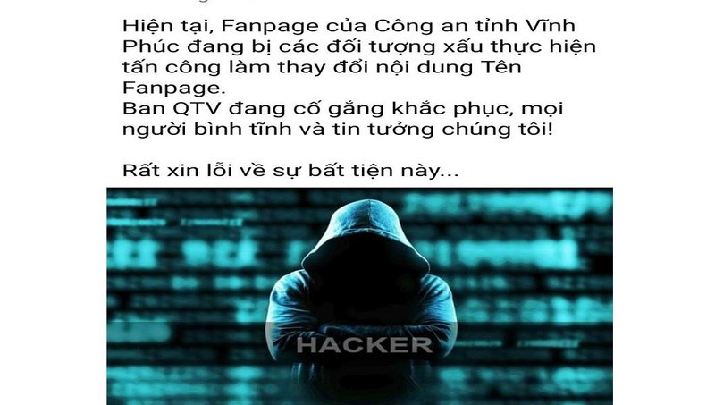 Thông báo thời điểm fanpage Công an tỉnh Vĩnh Phúc bị tấn công.