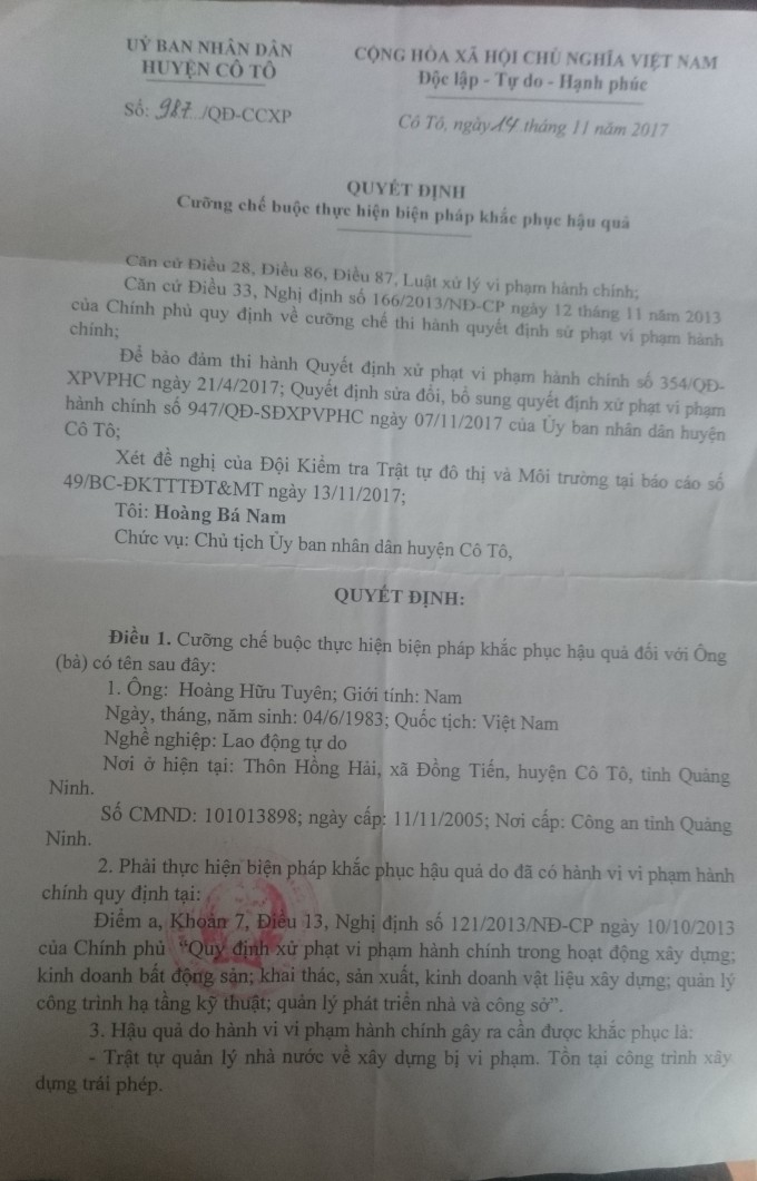 Quyết định cưỡng chế của UBND huyện Cô Tô khiến cho người dân hoang mang, cầu cứu lãnh đạo tỉnh Quảng Ninh.