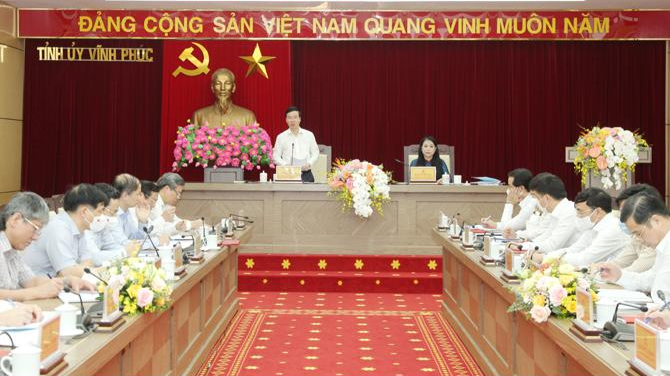 Thường trực Ban Bí thư Võ Văn Thưởng phát biểu tại buổi làm việc giữa Đoàn công tác Trung ương với tỉnh Vĩnh Phúc.