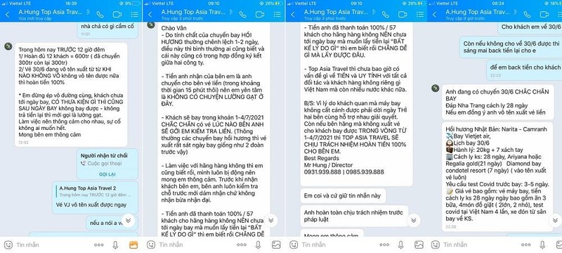 Tin nhắn trao đổi giữa Giám đốc, Công ty TNHH Thương mại & Dịch vụ Vietsky và GĐ Công ty TNHH MTV Top Asia Travel.