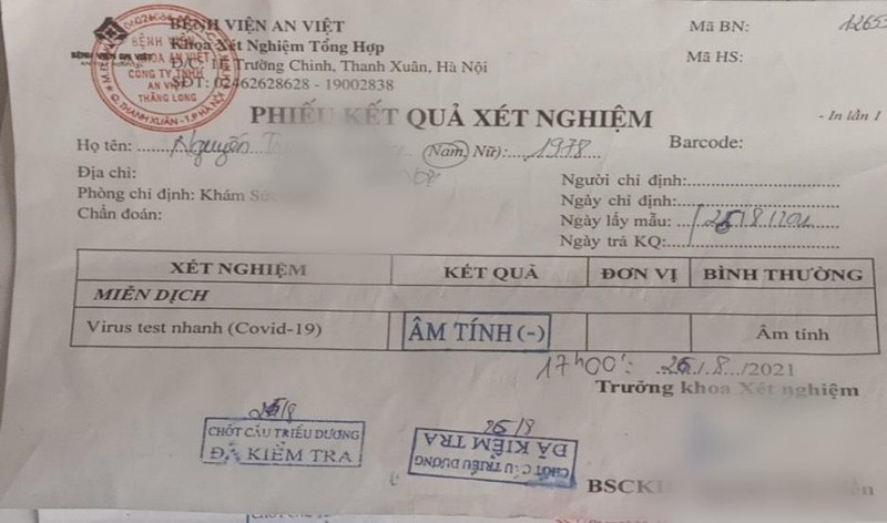 Phiếu kết quả xét nghiệm bị sửa ngày để đủ điều kiện qua chốt.