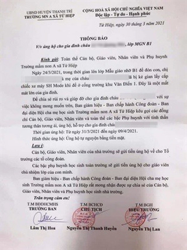 Hà Nội: Trường mầm non kêu gọi mua xe máy SH cho phụ huynh bị mất cắp - 1 Hà Nội: Trường mầm non kêu gọi mua xe máy SH cho phụ huynh bị mất cắp - 1