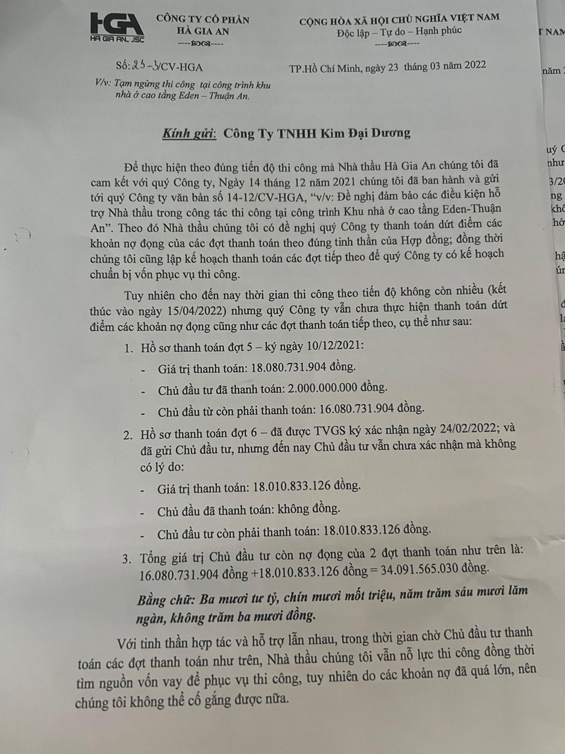 Công ty cổ phần Hà Gia An gủi văn bản tạm ngừng thi công, yêu cầu Chủ đầu tư trả nợ.
