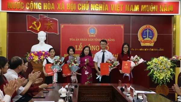 Lãnh đạo TAND tỉnh trao quyết định bổ nhiệm cho các thẩm phán sơ cấp.