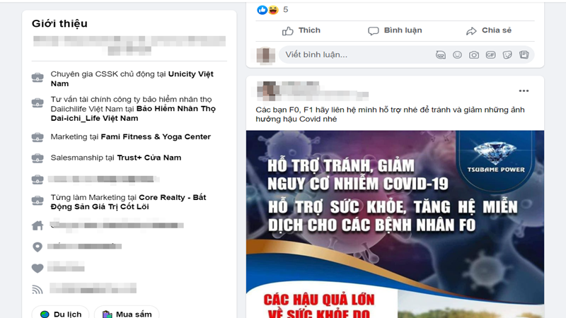 Một trang cá nhân của nhân viên bảo hiểm nhân tư vấn các điều trị COVID-19