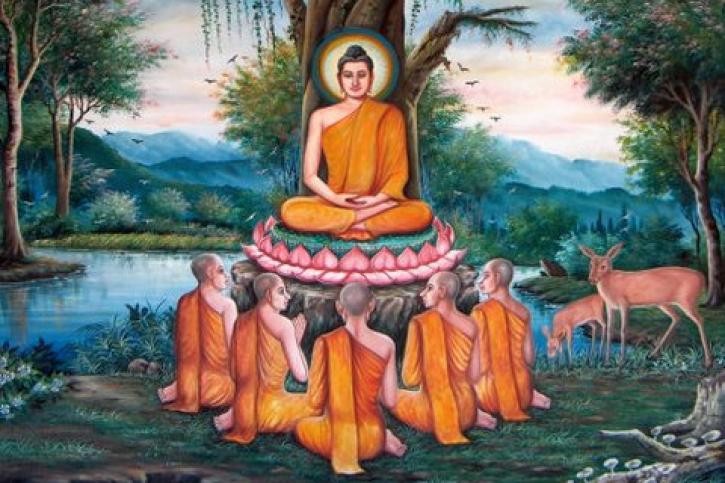 Đức Phật thuyết pháp cho 5 đệ tử đầu tiên, trong đó có Tôn giả Kiều Trần Như.