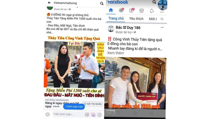 Vợ chồng ca sĩ Thủy Tiên bị nhiều trang mạng tự ý dùng hình ảnh trái phép để quảng cáo.