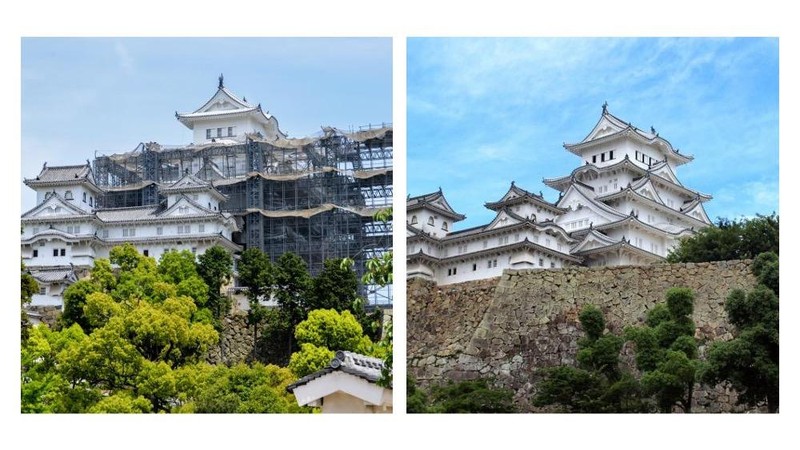 Lâu đài Himeji (Nhật Bản) trước và sau khi được trùng tu, tôn tạo.