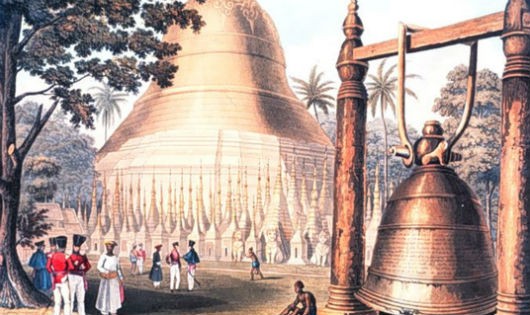Bức vẽ về Đại hồng chung Dhammazedi từng được treo ở chùa vàng Shwedagon trước khi bị đánh cắp và bị chìm.