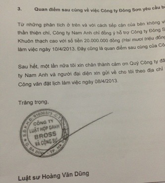 Công văn của luật sư đại diện cho công ty Nam Anh trả lời công ty Đông Sơn ngày 11/4/2013