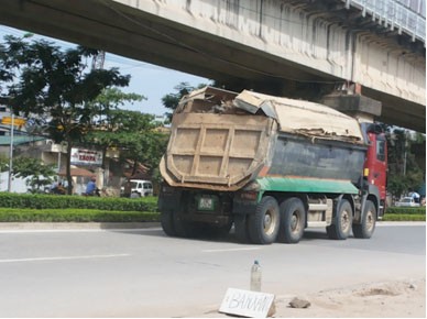 Xe chở cát hoạt động rầm rộ từ bờ đê ở bãi Chèm xuống phố Tân Xuân (Hà Nội)