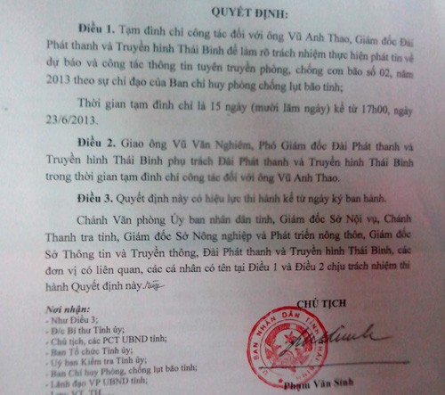 Giám đốc Đài PT-TH tỉnh Thái Bình Vũ Anh Thao bị đình chỉ công tác vì lơ là thông tin chống bão số 2